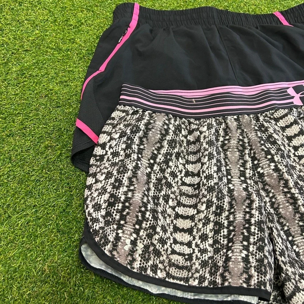 Under Armour Womens Fly By Running Shorts Bundle Black Pink Snakeskin Print 2pk